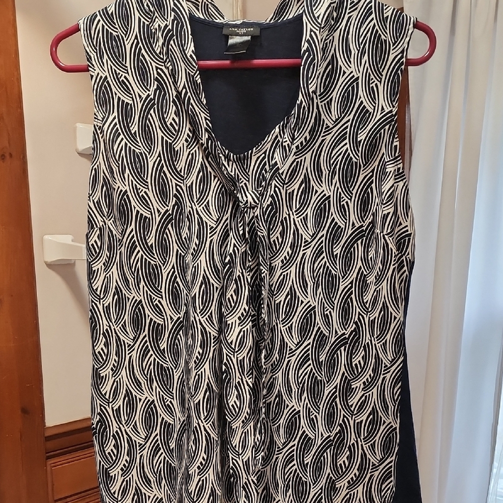 Ann Taylor Blue and White Sleeveless Tie Front Blouse